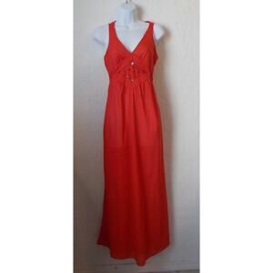 Vtg Erica Loren Small Red Slip Long Night Dress Floral Eyelet Belt Sleeveless